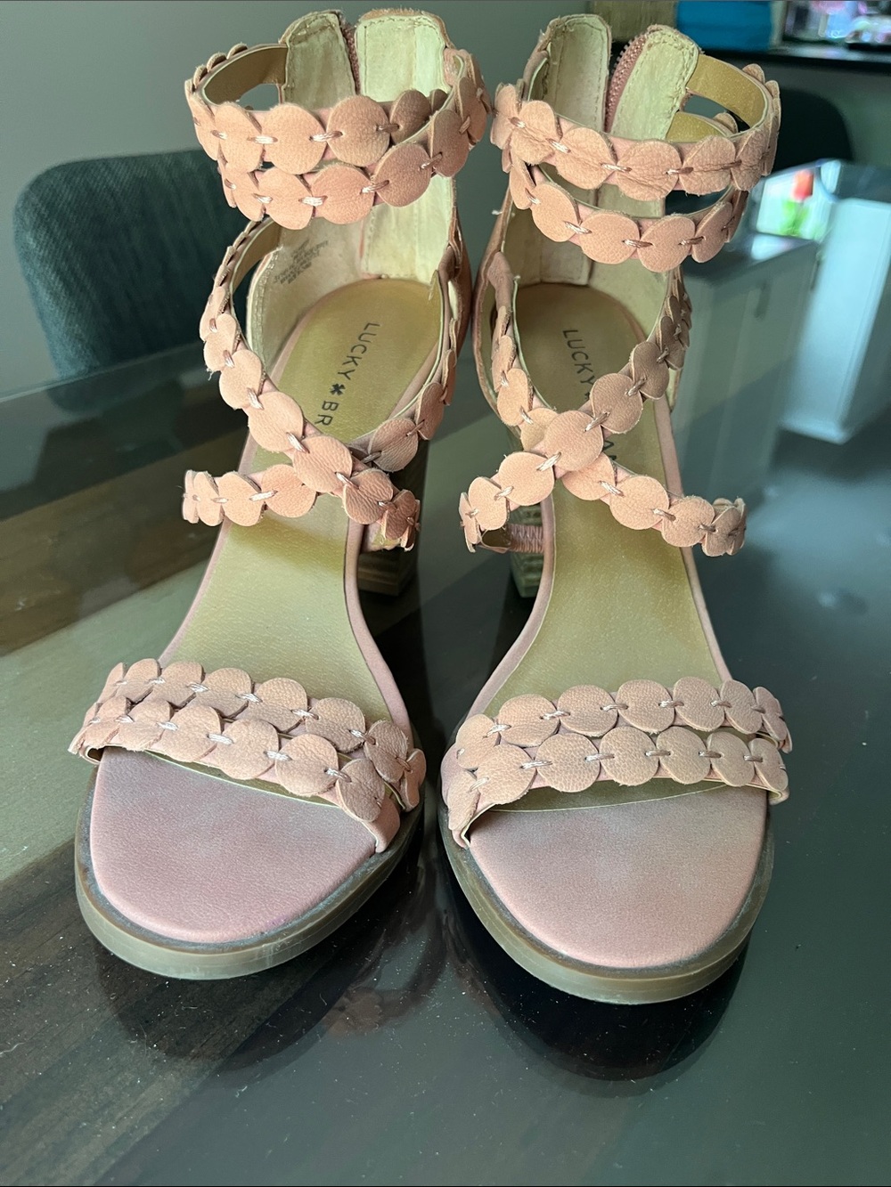 Lucky Brand Peach Floral Strap Block Heel Sandals